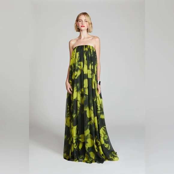 $795 HALSTON Claudette Floral Print Chiffon Strapless Gown Dress size 2 NWT - Picture 3 of 16
